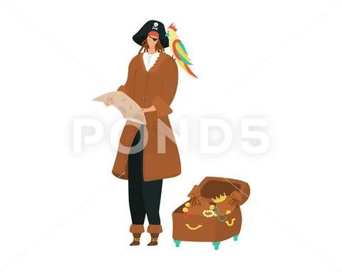 Pirate with map and treasure chest of gold with a parrot perched on shoulder Stock Illustrationen