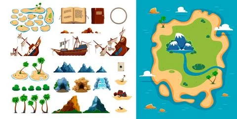Pirate map constructor kit with wrecked ships Stock Illustration