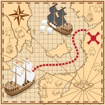 Pirate map with the route to the treasures. Stock Illustration