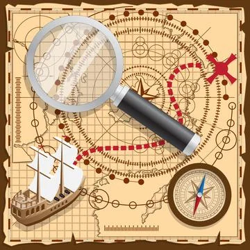 Pirate map with the route to the treasures. Stock Illustration