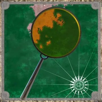 Pirate map of the unknown land with magnifying glass 3d rendering Stock-Illustration