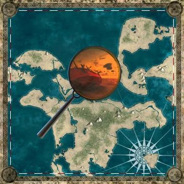 Pirate map of the unknown land with magnifying glass 3d rendering Stock Illustration