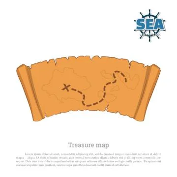 Pirate map on white background. Treasure hunters. Old scroll in cartoon style Stock Illustration