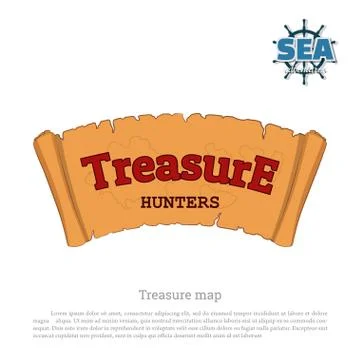 Pirate map on white background. Treasure hunters. Old scroll in cartoon style Stock Illustration