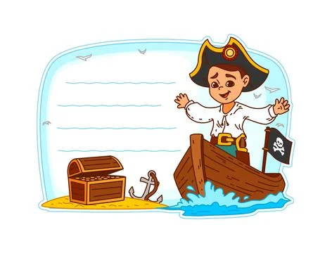 Pirate memo note captain boy on a wooden boat Stock Illustration
