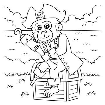 Pirate Monkey Coloring Page for Kids Stock Illustration