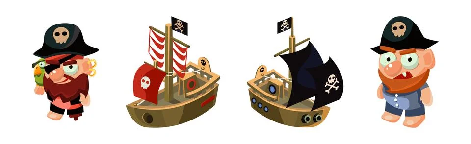 Pirate Object and Element with Man Captain and Ship with Skull Vector Set Stock Illustration