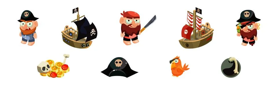 Pirate Object and Element with Man Captain and Ship with Skull Vector Set Stock Illustration