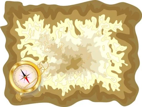 Pirate old map on yellow parchment with golden compass lying on it, encrypted Stock Illustration