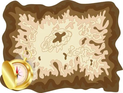 Pirate old map on yellow parchment with golden compass lying on it with a sli Stock Illustration