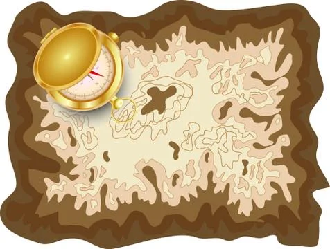 Pirate old map on yellow parchment with golden compass lying on it with a sli Stock Illustration