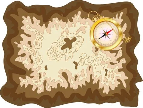 Pirate old map on yellow parchment with golden compass lying on it, encrypted Stock Illustration