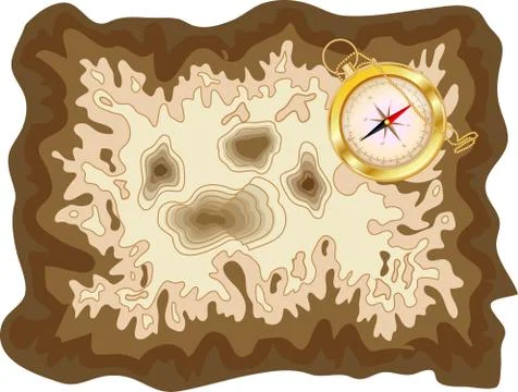 Pirate old map on yellow parchment with golden compass lying on it, encrypted Stock Illustration