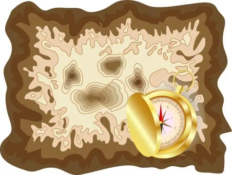 Pirate old map on yellow parchment with golden compass lying on it with a sli Stock Illustration