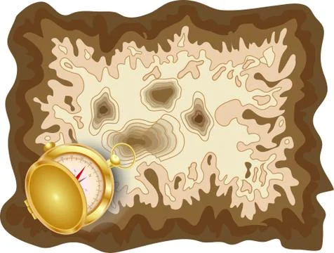 Pirate old map on yellow parchment with golden compass lying on it with a sli Stock Illustration