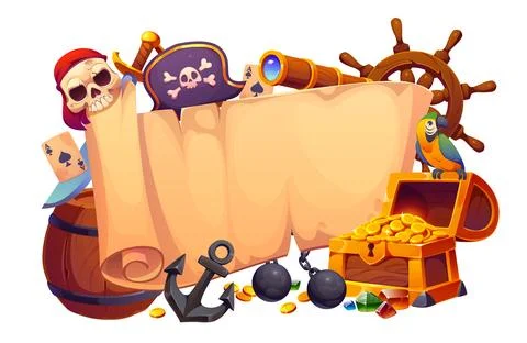 Pirate old scroll banner with treasure and weapon Ilustración de archivo