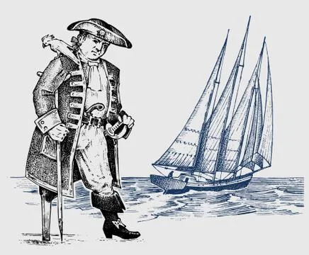 Pirate or captain man on ship traveling through the oceans and seas. Marine Stock Illustration