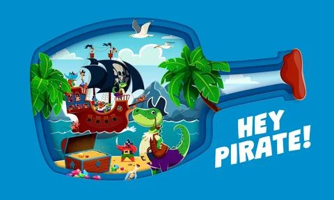 Pirate paper cut bottle shape banner with animals Illustration