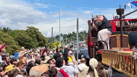 Pirate parade float with man on ship wheel in Washington state Video stock 339118965