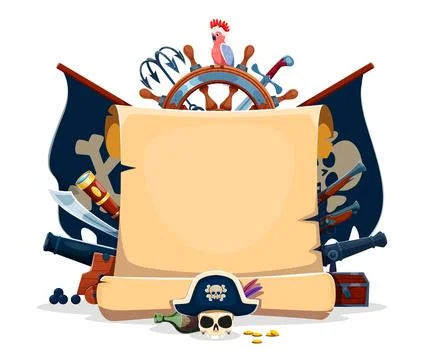 Pirate parchment scroll, ship wheel, cannon, saber イラスト素材