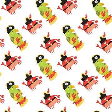 Pirate parrot and crab pattern with hats on white background Stock Illustration