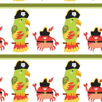 Pirate parrot and crab pattern with pirate hats and skulls Illustrazione stock