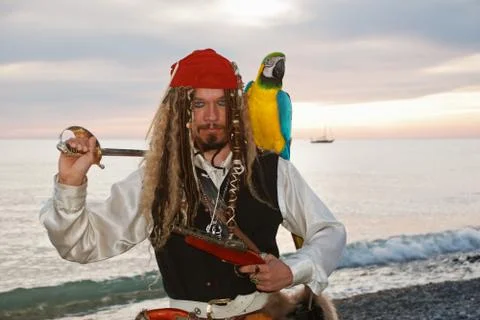 Pirate with  a parrot Stock Photos