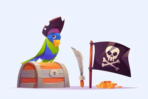 Pirate parrot, treasure chest, sword, black flag Stock Illustration
