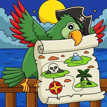 Pirate Parrot with a Treasure Map Colored Cartoon Illustrazione stock