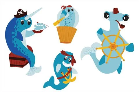 Pirate party , a set of elements for a children's birthday. Cute fish pirates Stock Illustration