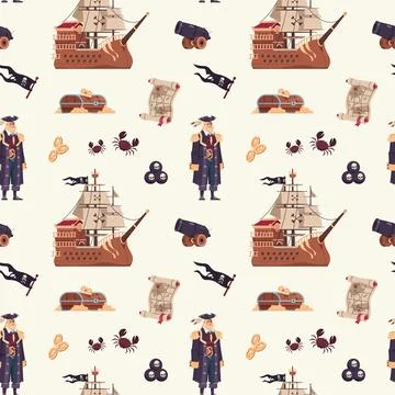 Pirate pattern. Cartoon seamless texture with captain and wooden ship. Map with Illustrazione stock