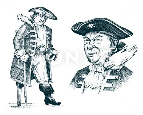 Pirate portrait. Captain man on ship traveling through the oceans and seas Stock Illustration