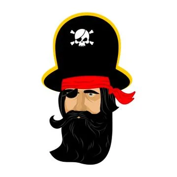 Pirate portrait in hat. Eye patch and smoking pipe. filibuster cap. Bones an Stock Illustration
