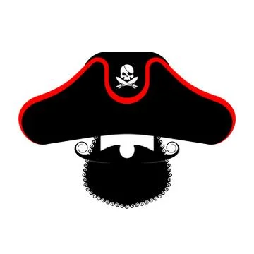 Pirate portrait in hat. Eye patch and smoking pipe. filibuster cap. Bones an Stock Illustration