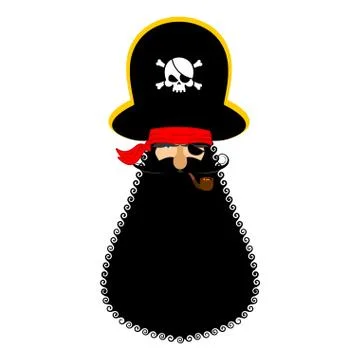 Pirate portrait in hat. Eye patch and smoking pipe. filibuster cap. Bones an Stock Illustration