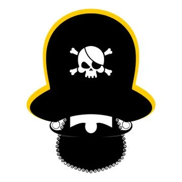 Pirate portrait in hat. Eye patch and smoking pipe. filibuster cap. Bones an Stock Illustration