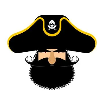 Pirate portrait in hat. Eye patch and smoking pipe. filibuster cap. Bones an Stock Illustration