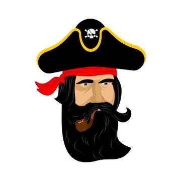 Pirate portrait in hat. Eye patch and smoking pipe. filibuster cap. Bones an Stock Illustration