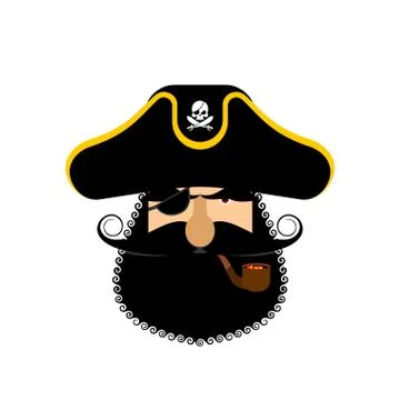 Pirate portrait in hat. Eye patch and smoking pipe. filibuster cap. Bones an Stock Illustration