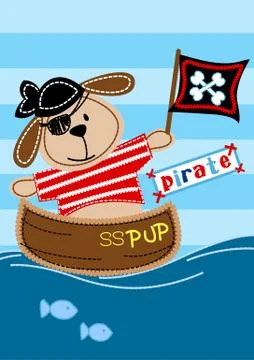 Pirate pup sitting in a boat embroidery Stock Illustration