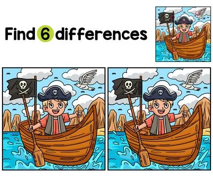 Pirate in a Rowboat Find The Differences Stock Illustration
