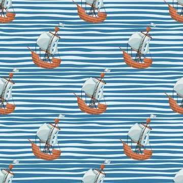 Pirate sailboat seamless pattern. Geometric boat and waves boys wallpaper. Stock Illustration