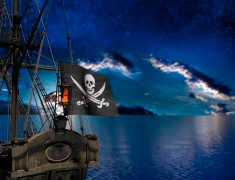 Pirate sailship with flag at moonlight Stock Illustration