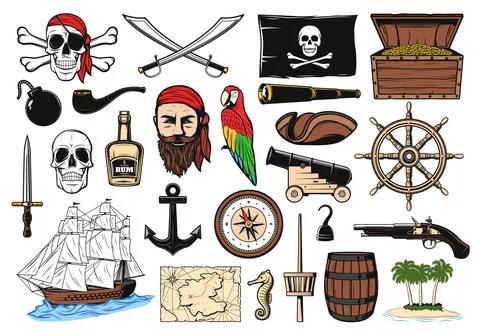 Pirate set, captain, ship, map and hook icons イラスト素材