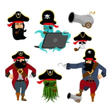 Pirate set characters. Web pirate octopus. buccaneer with cannon. Skull and f Stock Illustration