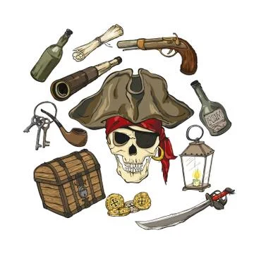 Pirate set, different objects, isolated on white background Stock Illustration