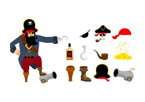 Pirate set. Pirates hat. Eye patch and smoking pipe. Bones and skull. Wooden  イラスト素材