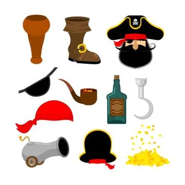 Pirate set. Pirates hat. Eye patch and smoking pipe. Bones and skull. Wooden  Stock Illustration