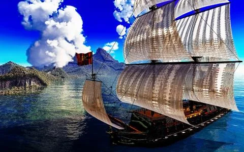 Pirate Ship And active volcano in 3d illustration Stock Illustration