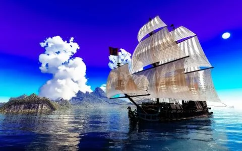 Pirate Ship And active volcano in 3d illustration Stock Illustration